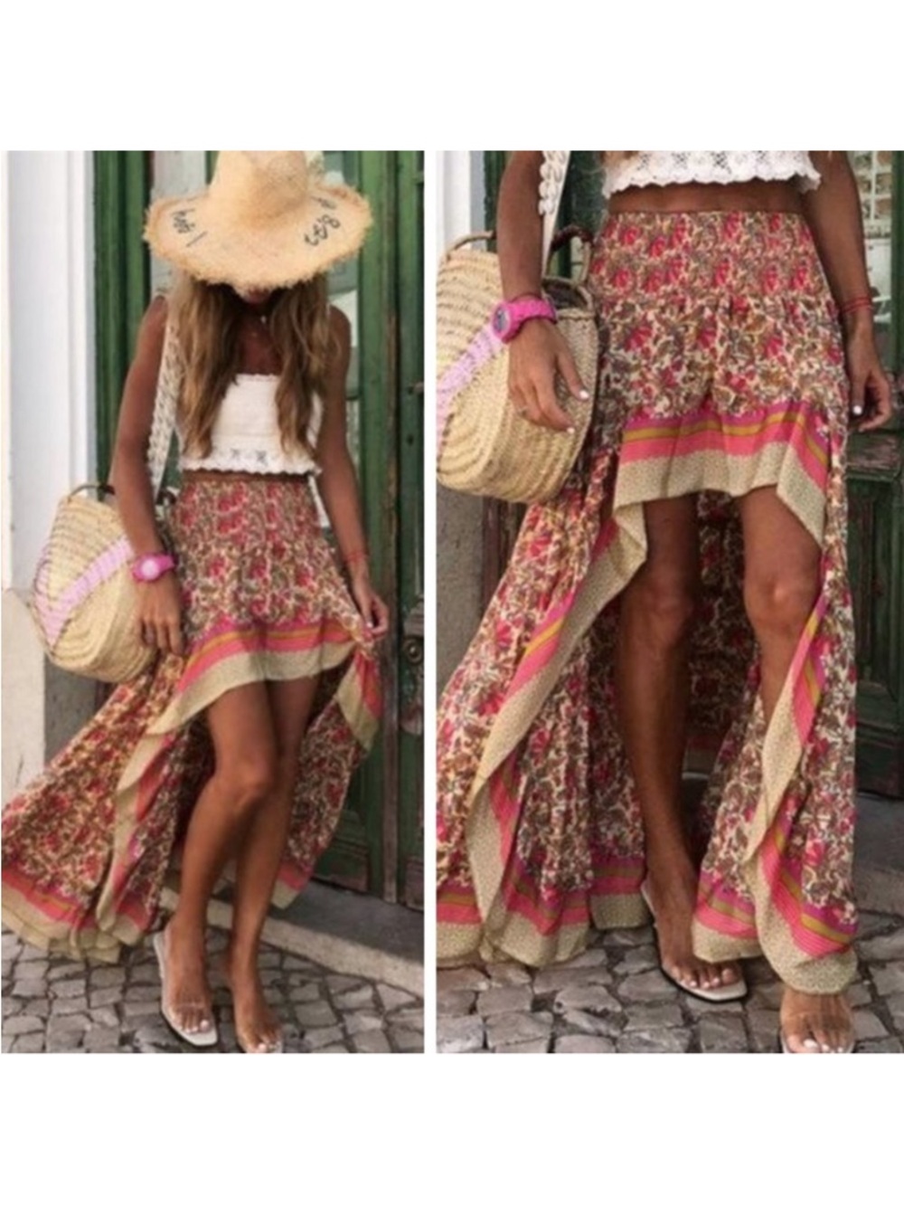 New Bohemian Hi Low Midi Maxi Festival Skirt